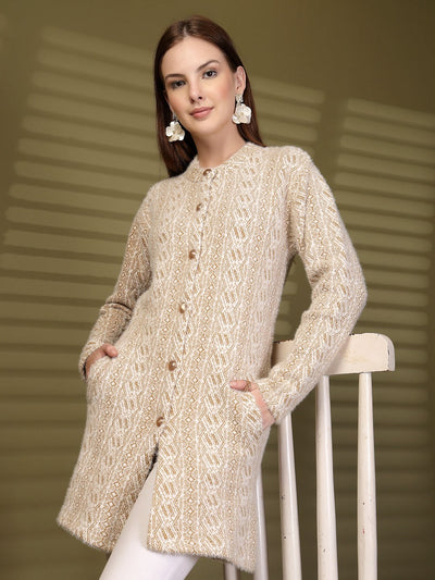 Brown Longline Textured Knitting Cardigan Button-Down Woollen Cardigan, product photo showing color, pattern, and knit texture on a plain background