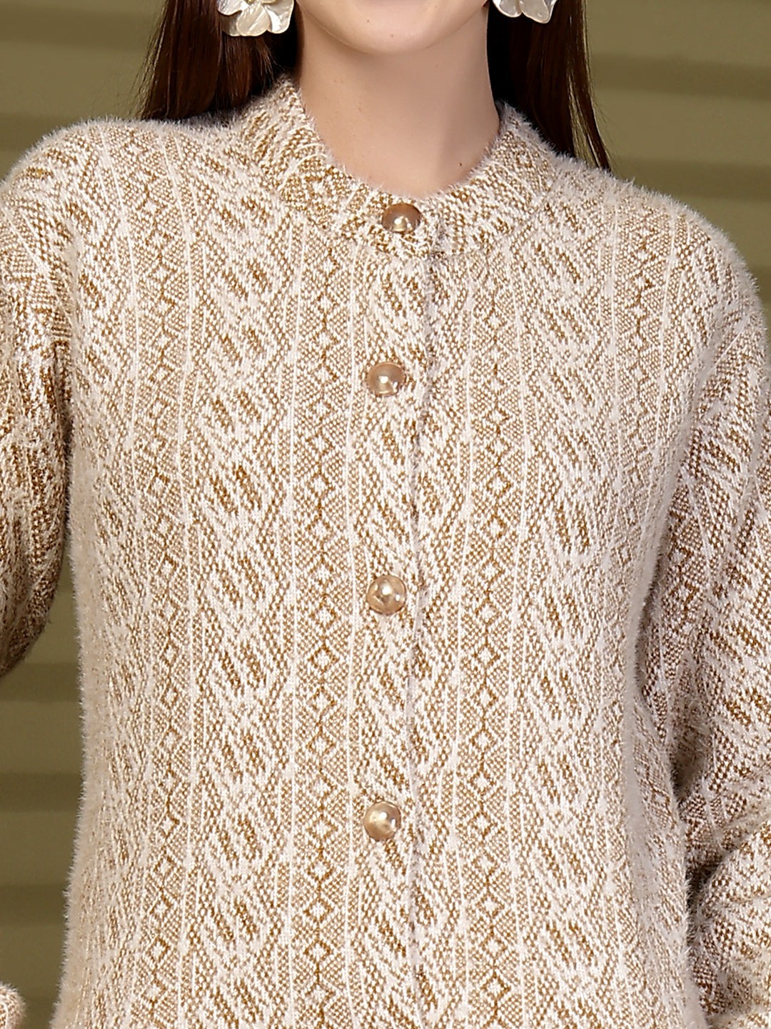 Brown Longline Textured Knitting Cardigan Button-Down Woollen Cardigan, product photo showing color, pattern, and knit texture on a plain background