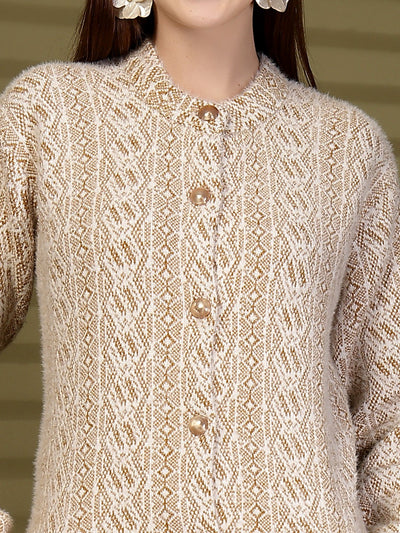Brown Longline Textured Knitting Cardigan Button-Down Woollen Cardigan, product photo showing color, pattern, and knit texture on a plain background
