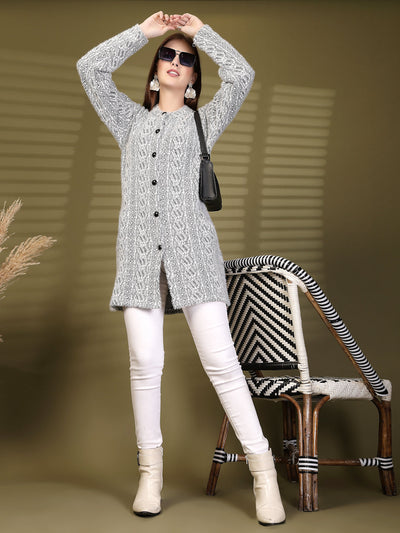 Black Longline Textured Button-Down Woollen Cardigan