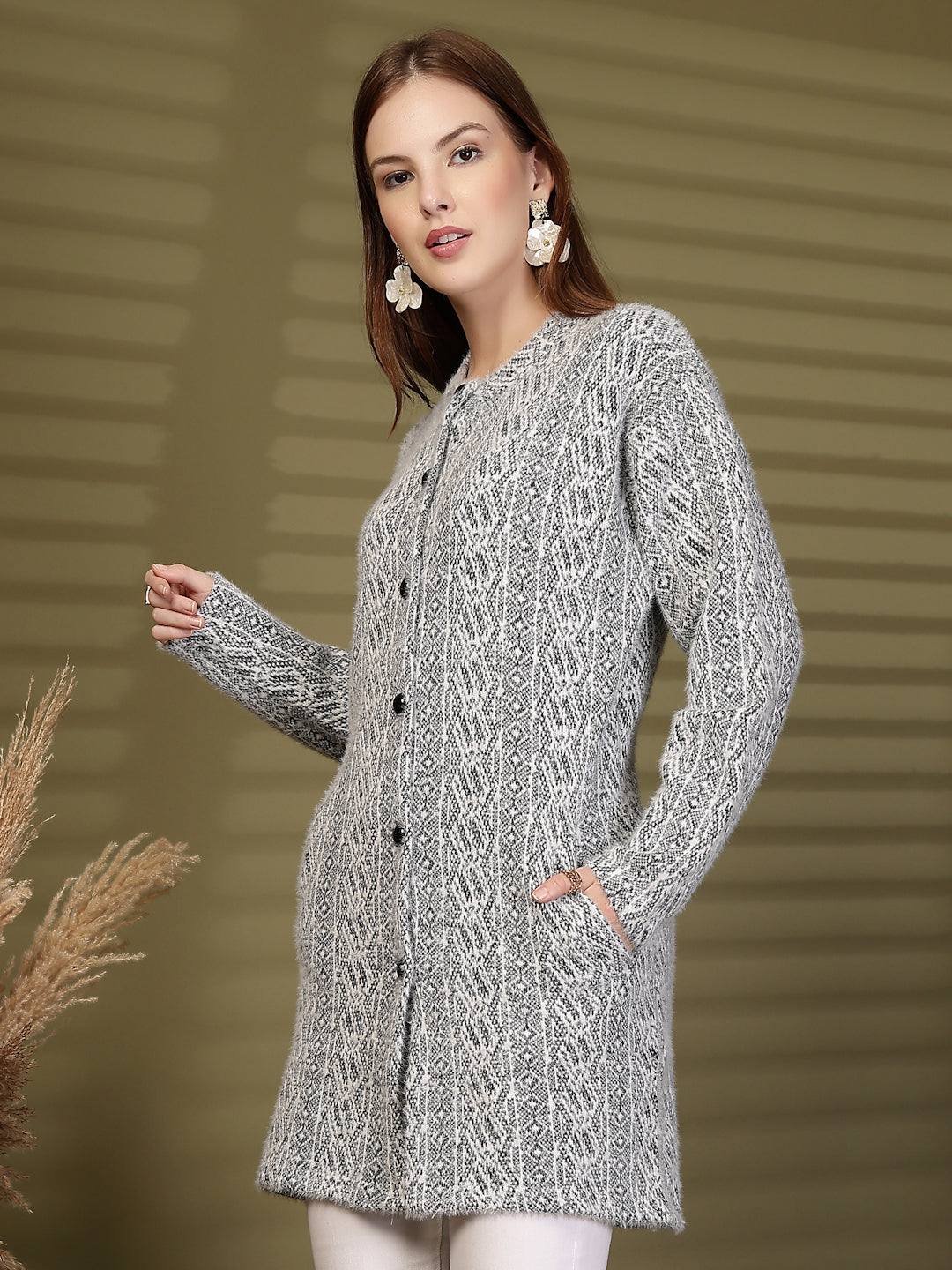 Black Longline Textured Button-Down Woollen Cardigan