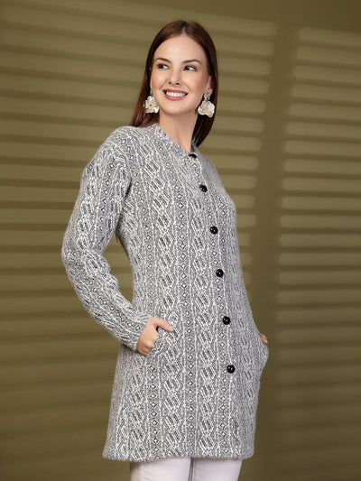 Black Longline Textured Knitting Cardigan Button-Down Woollen Cardigan, product photo showing color, pattern, and knit texture on a plain background