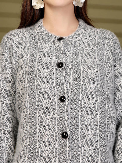 Black Longline Textured Knitting Cardigan Button-Down Woollen Cardigan, product photo showing color, pattern, and knit texture on a plain background