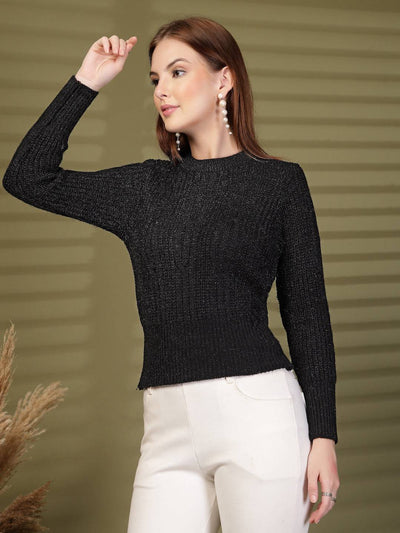 Black Knitted Knitting Sweaters Woollen Sweater, product photo showing color, pattern, and knit texture on a plain background