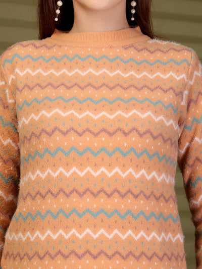 Peach Chevron Patterned Knitted Sweater
