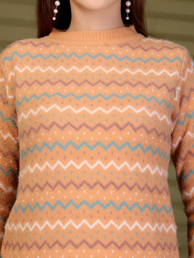 Peach Chevron Patterned Knitting Sweaters Knitted Sweater, product photo showing color, pattern, and knit texture on a plain background