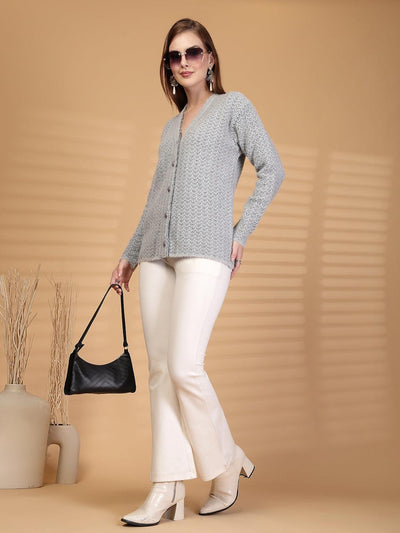 Grey Textured Knitting Cardigan Button-Down Woollen Cardigan, product photo showing color, pattern, and knit texture on a plain background