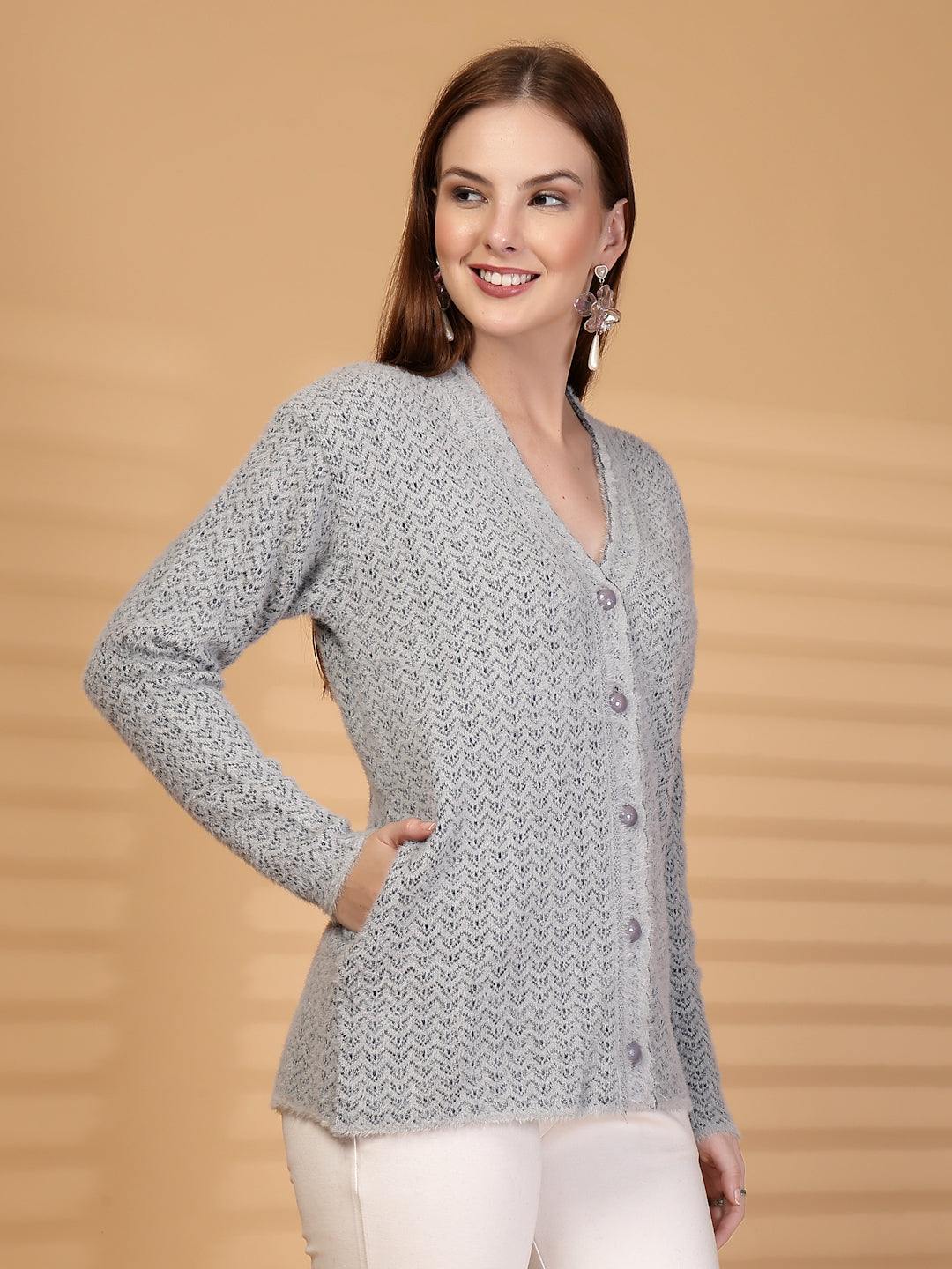 Grey Textured Knitting Cardigan Button-Down Woollen Cardigan, product photo showing color, pattern, and knit texture on a plain background