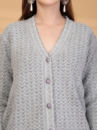 Grey Textured Knitting Cardigan Button-Down Woollen Cardigan, product photo showing color, pattern, and knit texture on a plain background