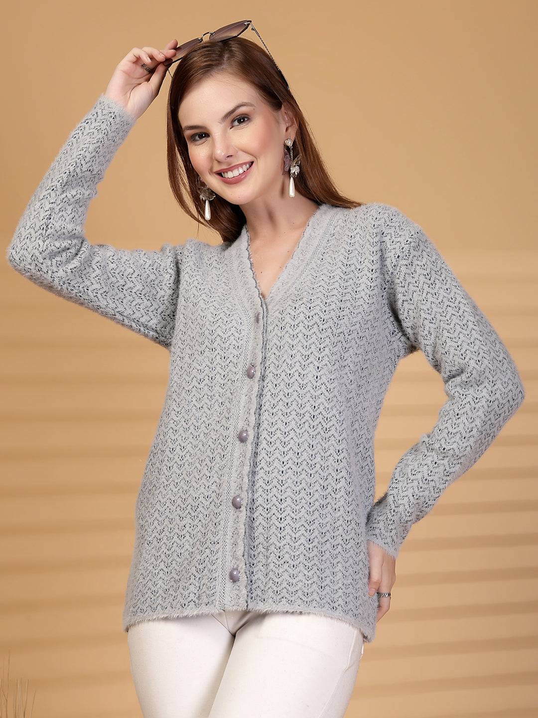 Grey Textured Knitting Cardigan Button-Down Woollen Cardigan, product photo showing color, pattern, and knit texture on a plain background