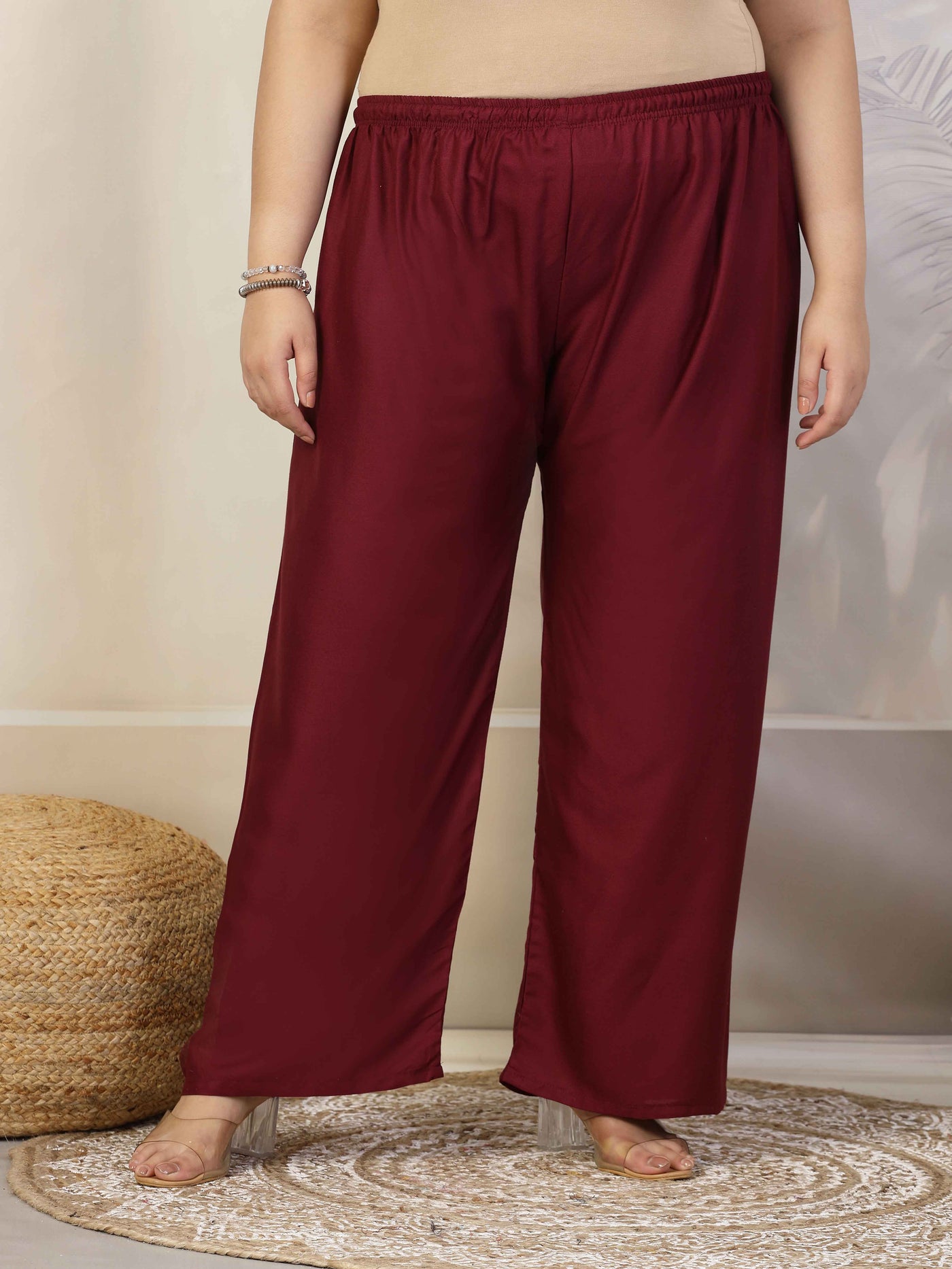 Women Solid Wine Straight Rayon Palazzo with elastic waistband and drawstring closure