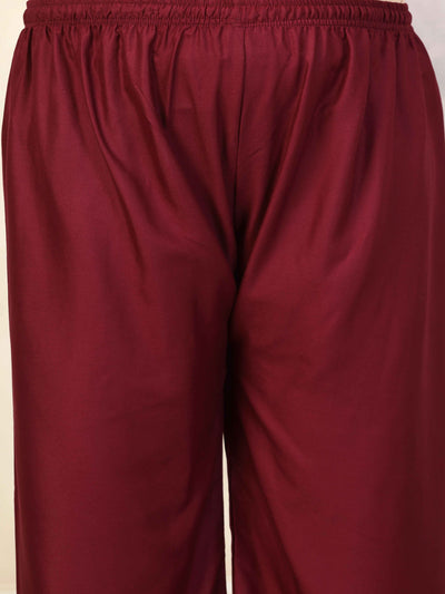 Women solid wine straight rayon palazzo with elasticated waistband.