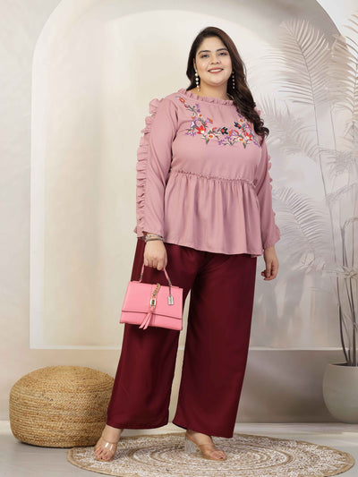 Plus size women solid wine straight rayon palazzo with elasticated waistband and drawstring closure.