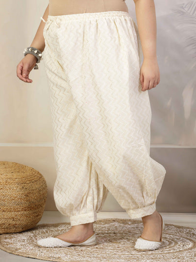 Women self design cotton lurex loose fit Afghani salwar with elastic waistband and drawstring closure.