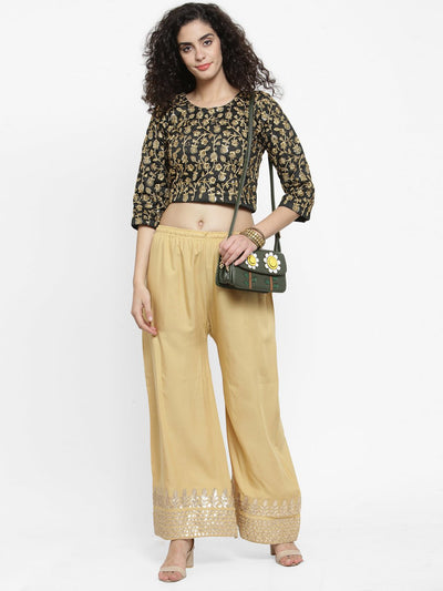 Fawn Rayon Palazzo with Gold Gotta Patti Hem and Elasticated Waistband