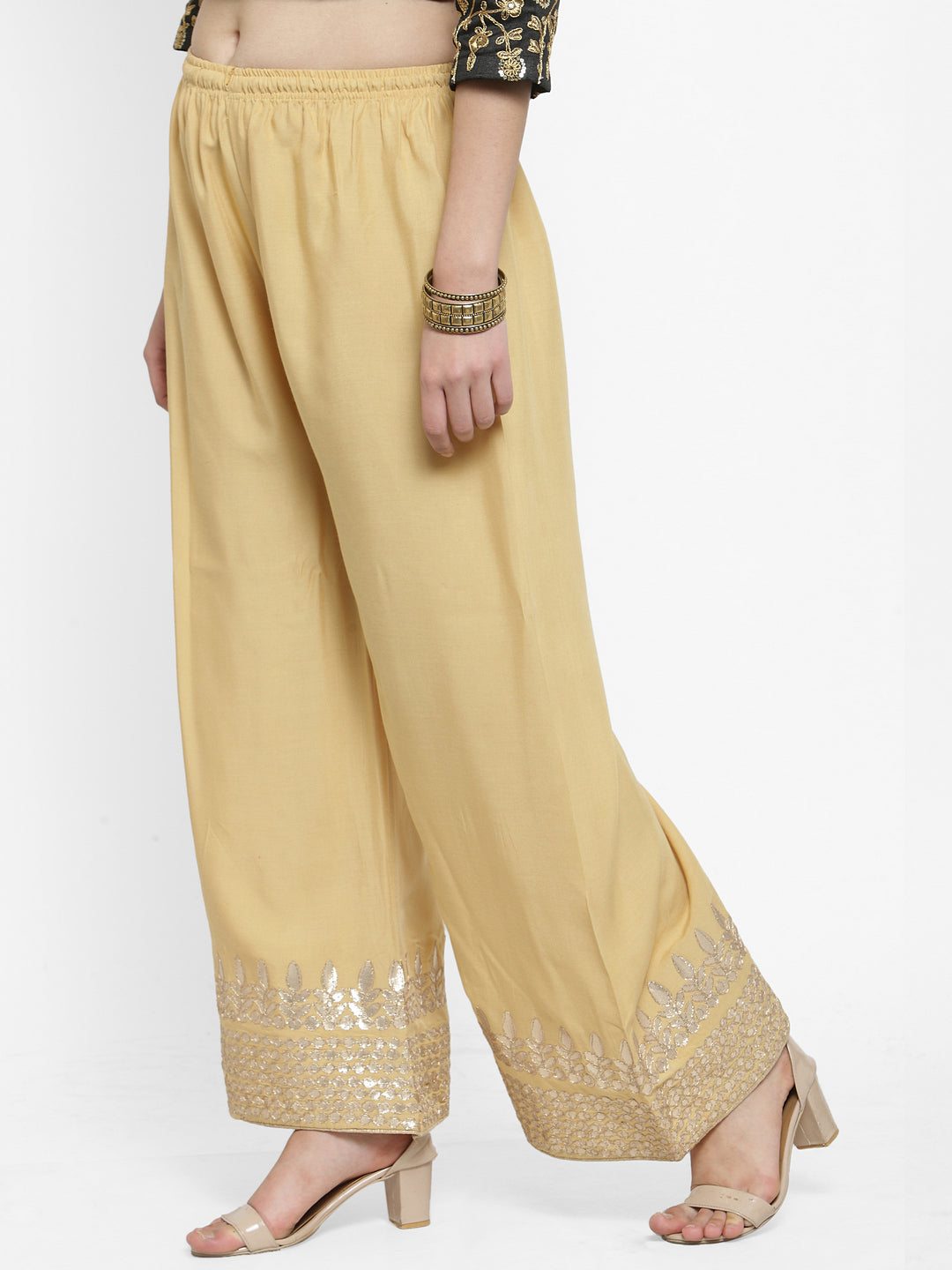 Fawn Gotta Patti rayon palazzo with elasticated waistband and flared cut.