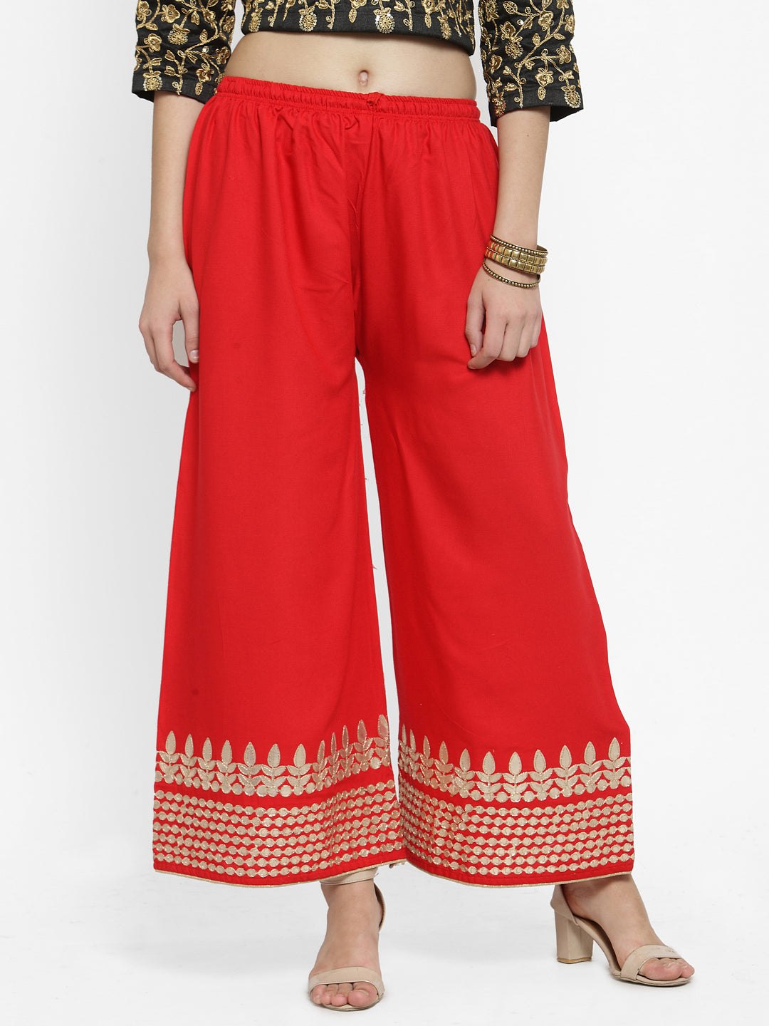 Red Gotta Patti Rayon Palazzo with elastic waistband and flared cut.