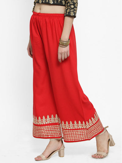 Red Gotta Patti Rayon Palazzo with elastic waistband and gold hem detail.