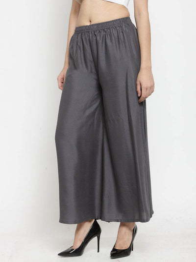 Grey solid rayon sharara with elastic waistband.