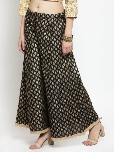Black printed rayon sharara with ethnic design, perfect for social functions.