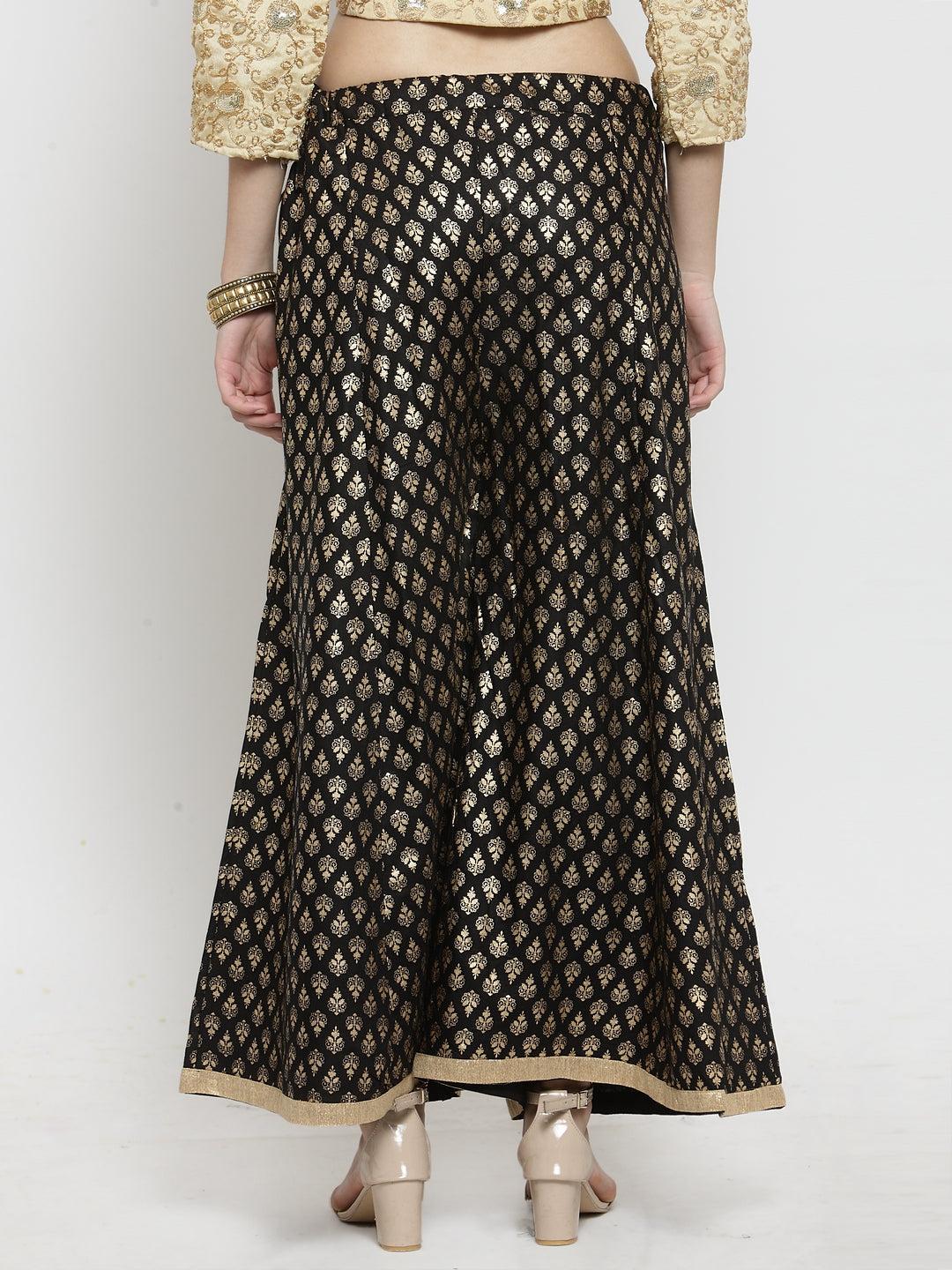Black printed rayon sharara with ethnic pattern.