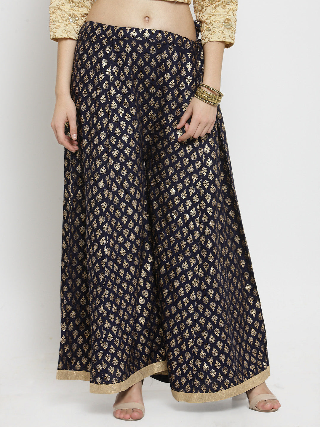 Navy blue printed rayon sharara with ethnic design.