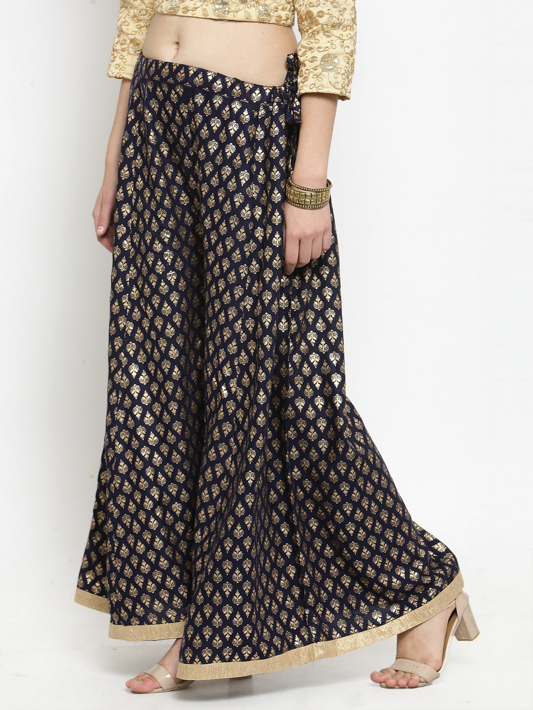 Navy blue printed rayon sharara with ethnic design.