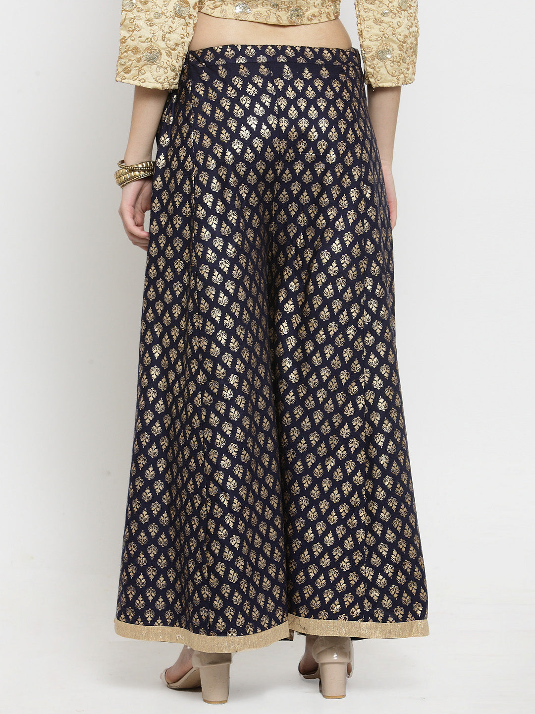 Navy blue printed rayon sharara with ethnic design.