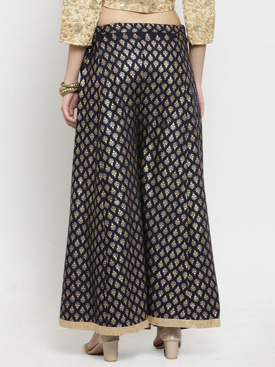 Navy blue printed rayon sharara with ethnic design.