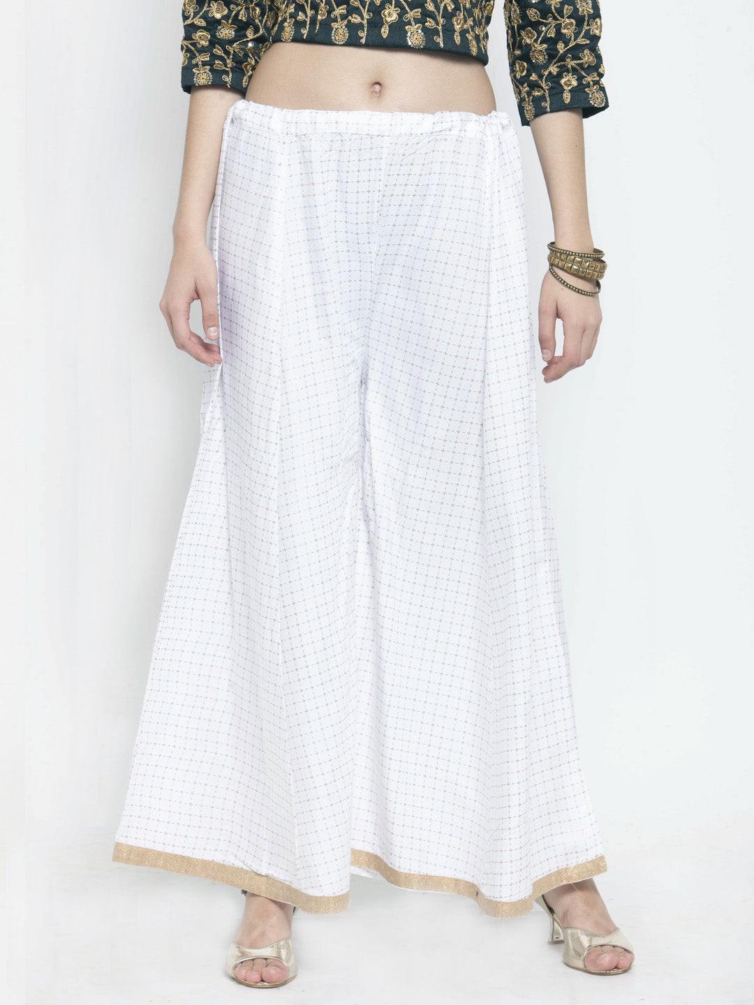 White printed rayon wide leg palazzo with ethnic design.
