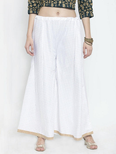 White printed rayon wide leg palazzo with ethnic design.