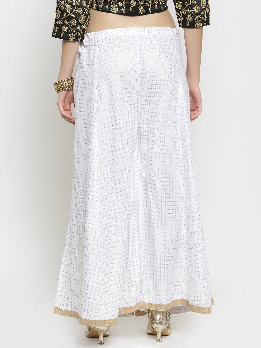 White printed rayon wide leg palazzo with ethnic design.