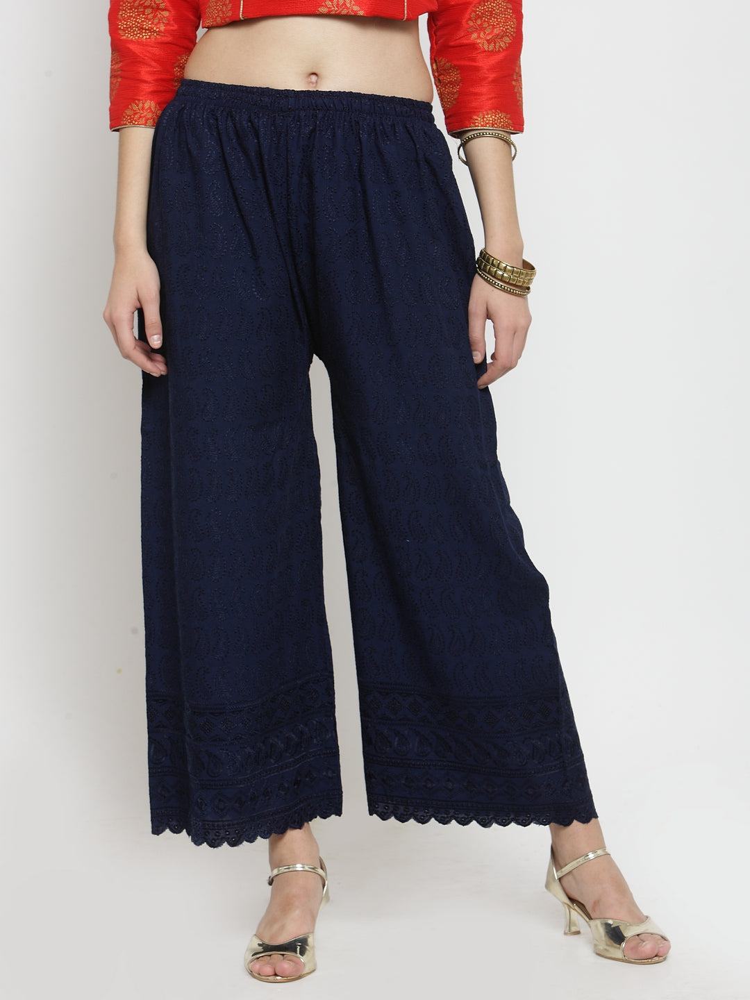Navy Blue Full Chikankari Rayon Palazzo for women with intricate embroidery.