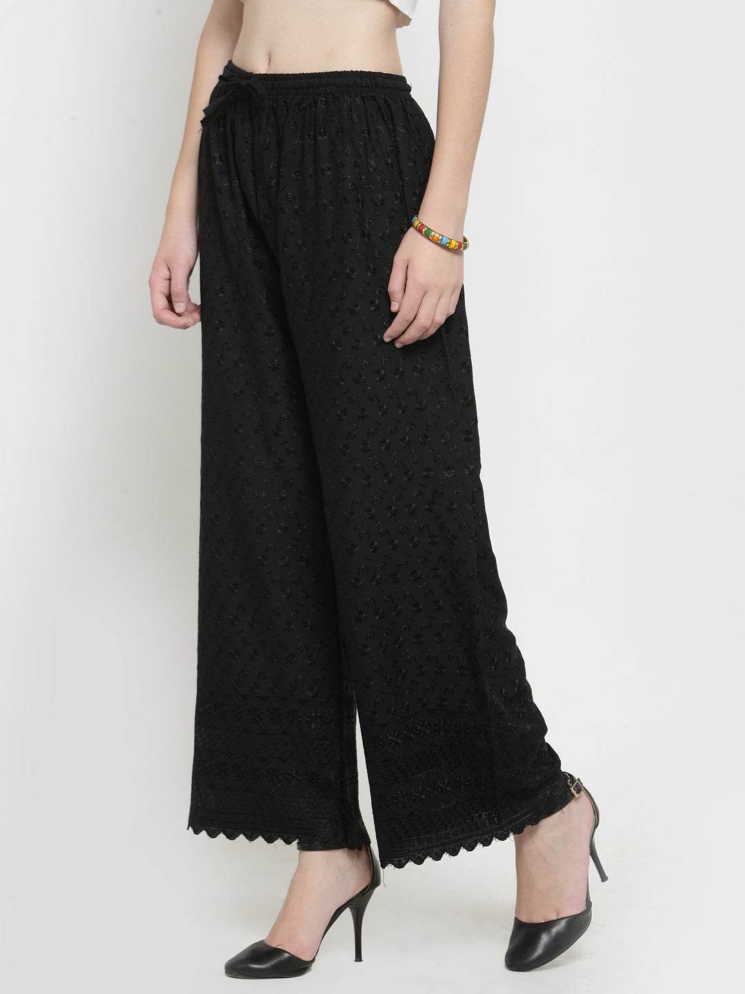 Black Full Chikankari Rayon Palazzo with elegant design for fashion-forward women.