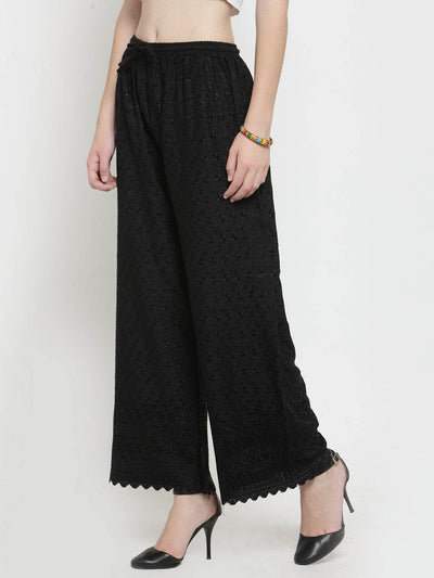 Black Full Chikankari Rayon Palazzo with elegant design for fashion-forward women.