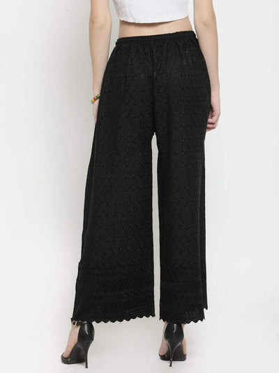 Black full chikankari rayon palazzo for women, showcasing elegance and fashion-forward design.