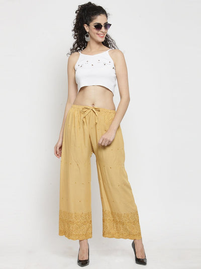 Fawn Chikankari Rayon Palazzo with embroidered detailing.