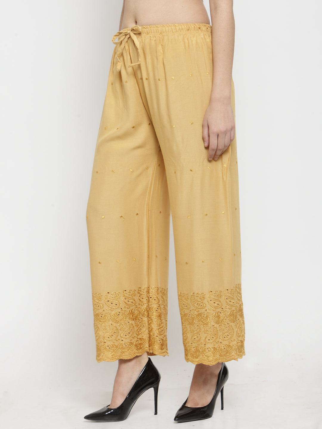 Fawn Chikankari Rayon Palazzo with lace detailing, comfortable fit.