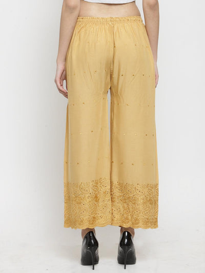 Fawn Chikankari Rayon Palazzo with intricate embroidery design.