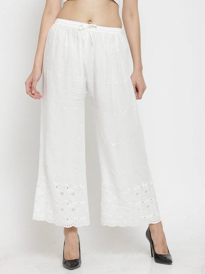 White Chikankari rayon palazzo pants featuring elegant embroidery, designed for comfort and style.