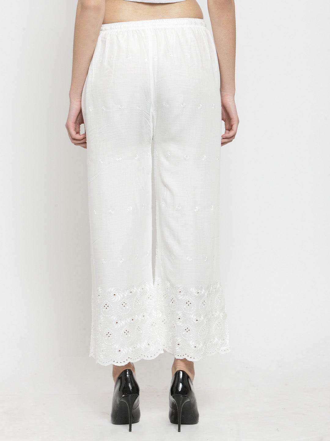 White Chikankari Rayon Palazzo featuring delicate embroidery and comfortable fit.