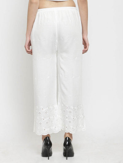White Chikankari Rayon Palazzo featuring delicate embroidery and comfortable fit.