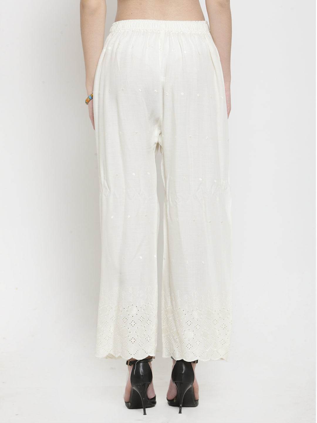 Off-White Chikankari Rayon Palazzo with delicate embroidery, lightweight and comfortable fit.