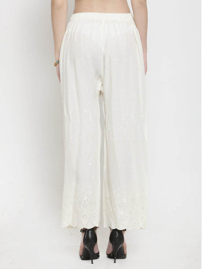 Off-White Chikankari Rayon Palazzo with delicate embroidery, lightweight and comfortable fit.