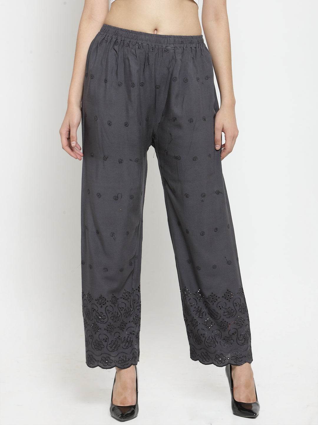 Grey Chikankari Rayon Palazzo with intricate embroidery details.