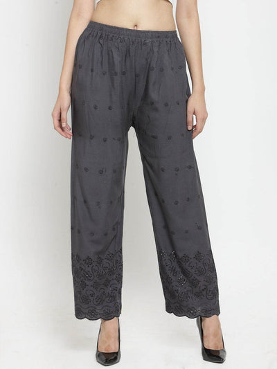 Grey Chikankari Rayon Palazzo with intricate embroidery details.