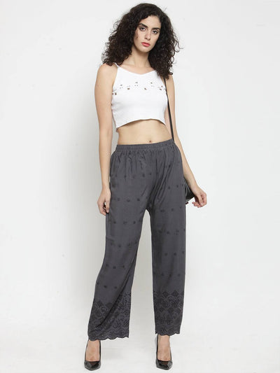 Grey Chikankari Rayon Palazzo worn by model against a white background.