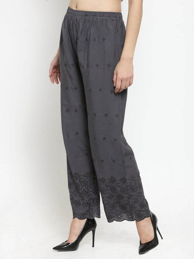 Grey Chikankari Rayon Palazzo with intricate design, lightweight and comfortable fit.