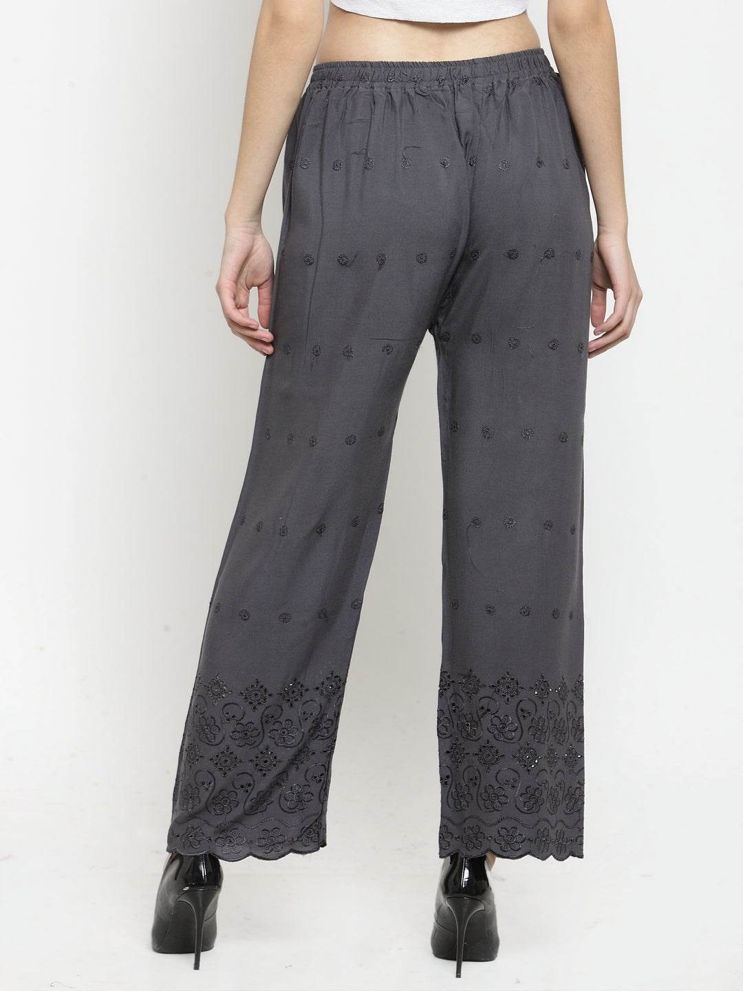 Grey Chikankari Rayon Palazzo with embroidered hem detail.
