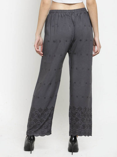 Grey Chikankari Rayon Palazzo with embroidered hem detail.